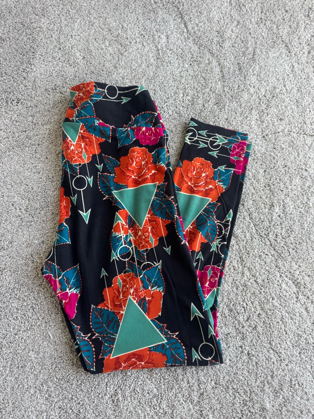 LuLaRoe Black Leggings with Orange Roses & Teal Triangles